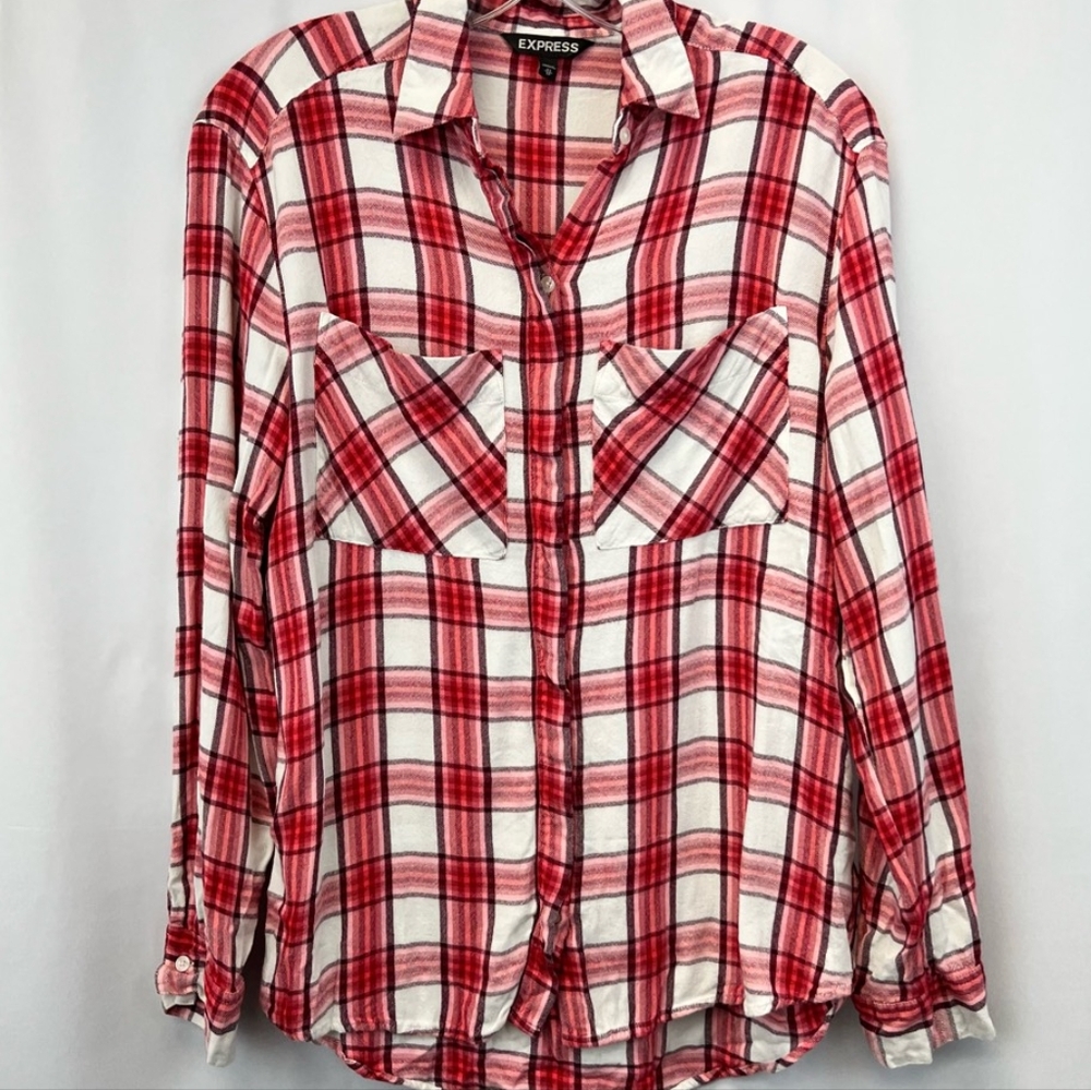 Express Red and White Oversized Plaid Shirt